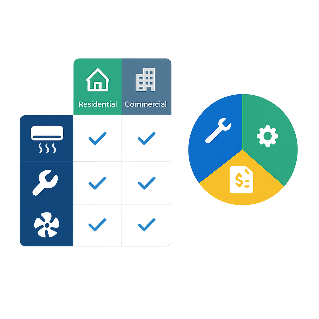Comparison matrix and pie visualization showing installation, repair, and maintenance cost proportions for HVAC services