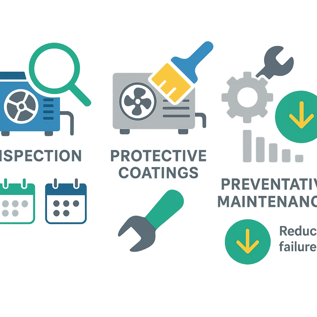 Icon-based infographic showing corrosion protection steps and inspection intervals for coastal HVAC units