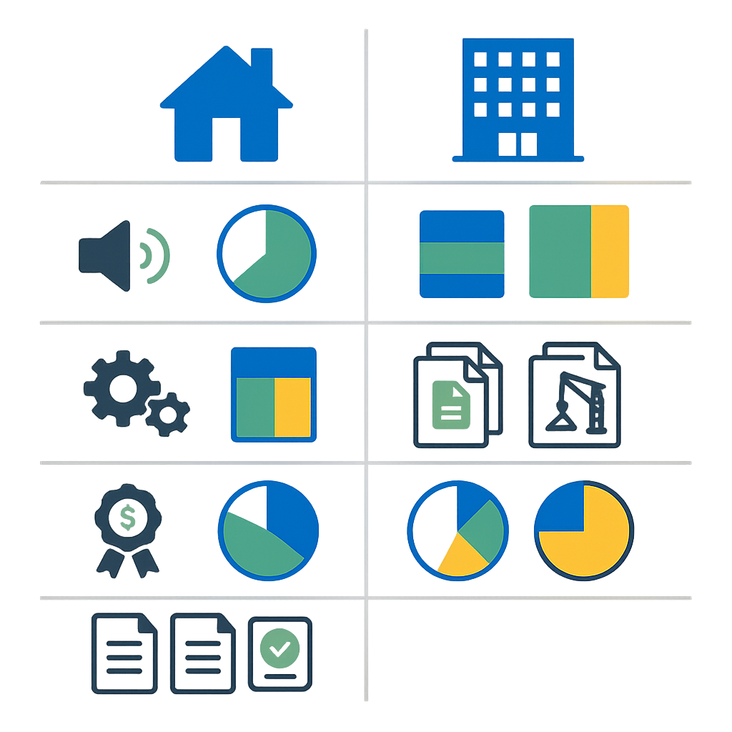 Icon grid contrasting residential and commercial HVAC factors with proportional allocations