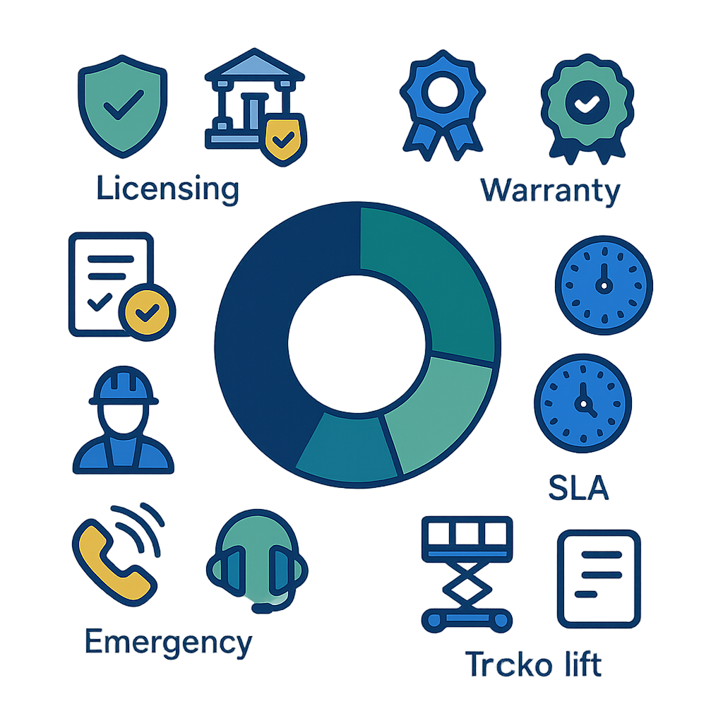 Icon infographic comparing licensing, warranties, SLAs and a donut showing proportional cost drivers