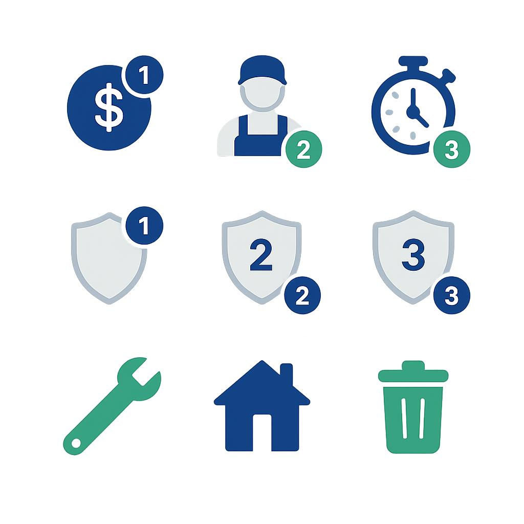 Square icon-based infographic showing repair cost tiers, response times, and warranties