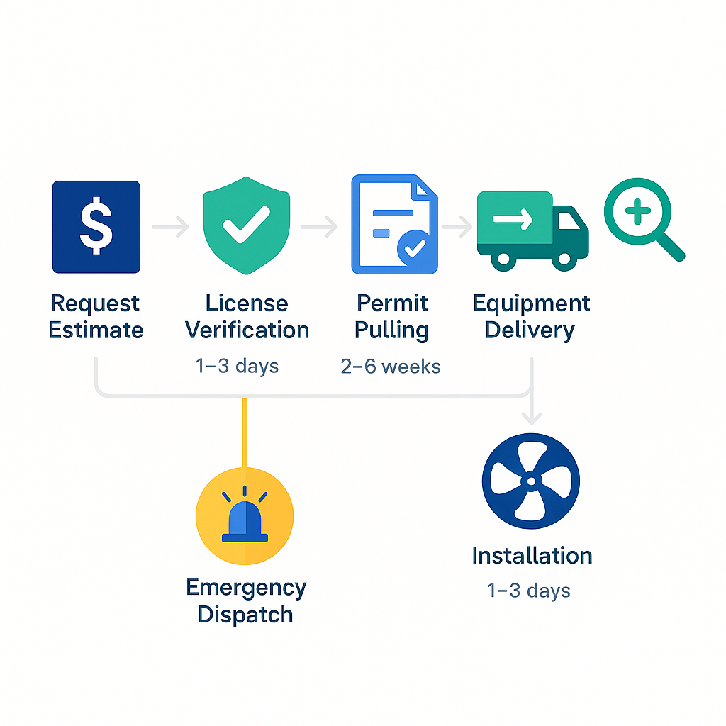 Process flow illustrating booking, permit, delivery, installation, and inspection steps for HVAC services