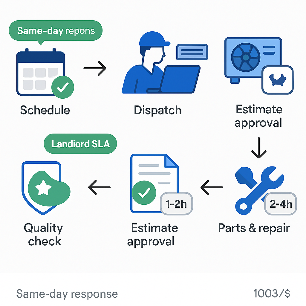 Horizontal process flow showing scheduling to warranty activation for HVAC services