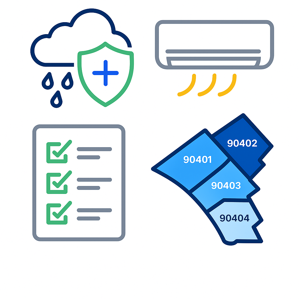 Icon-based infographic showing corrosion protection, retrofit checklist, and Santa Monica ZIP breakdown