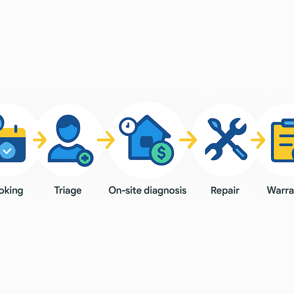 Horizontal process-flow showing steps from booking to warranty registration