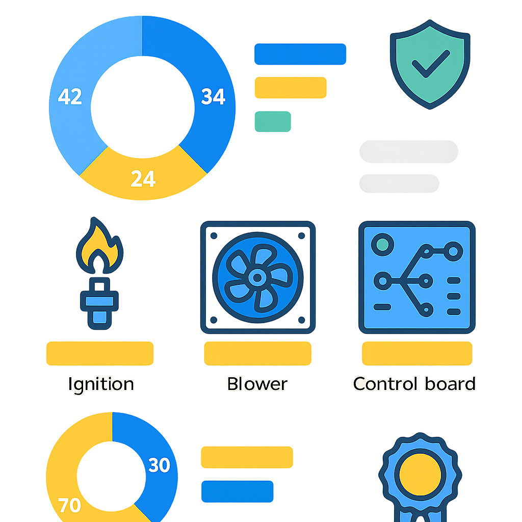 Icon-based infographic with repair cost breakdown and warranty highlights
