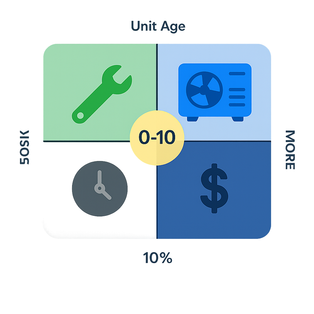 Decision matrix showing repair vs replace factors, costs, and age categories