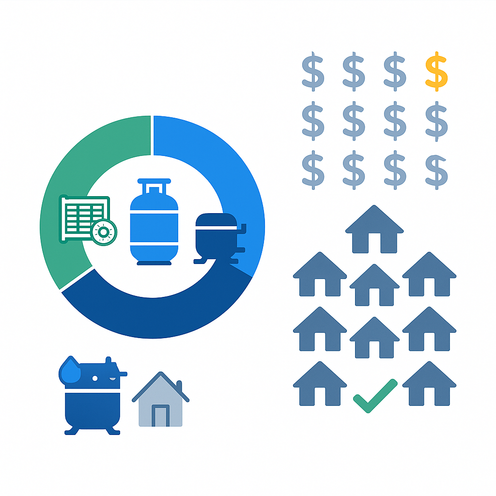 Icon-based pie and donut infographic showing relative cost shares for AC repair components and financing benefits