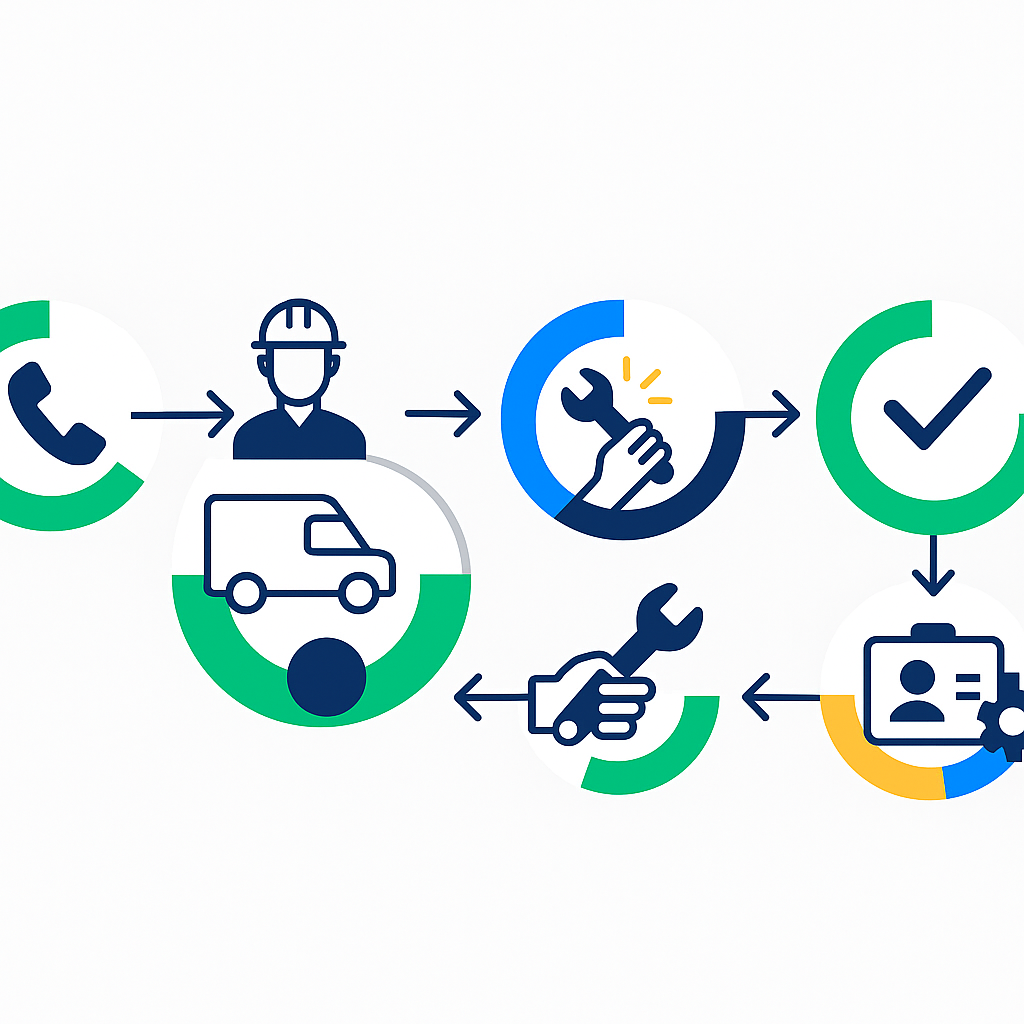 Sequential icon flow illustrating emergency repair request steps from contact through follow-up
