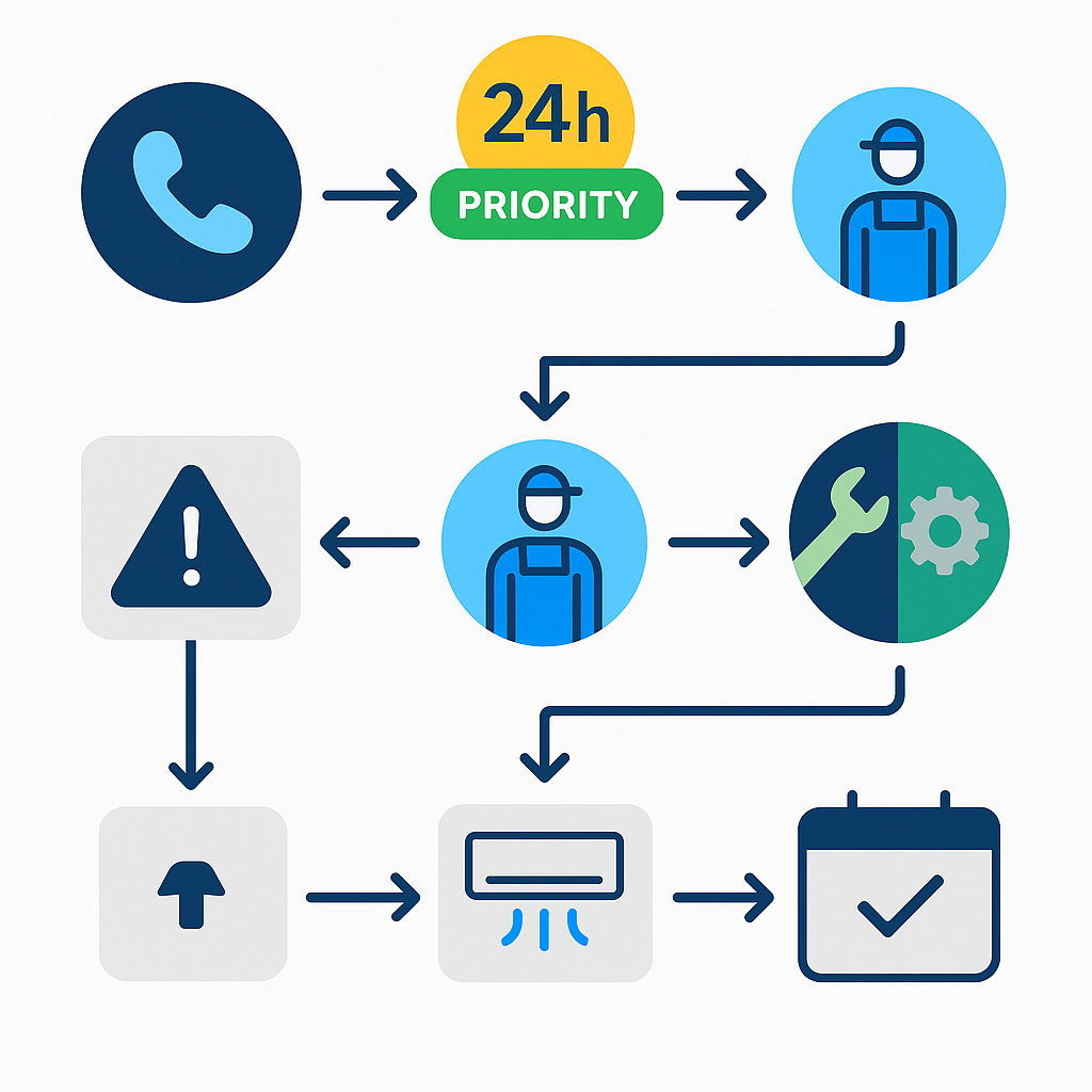 Process flow diagram of emergency HVAC dispatch sequence with icons