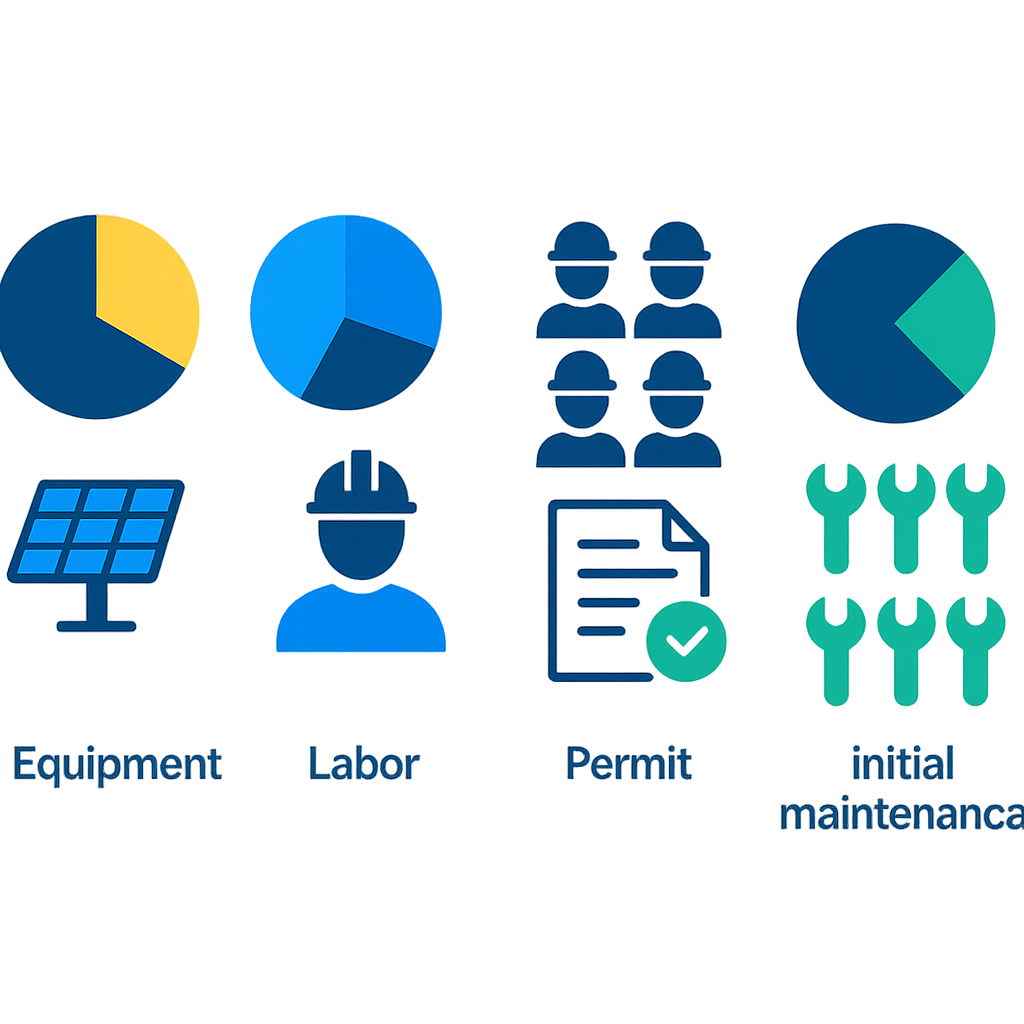 Icon infographic detailing equipment, labor, permits, and maintenance cost proportions