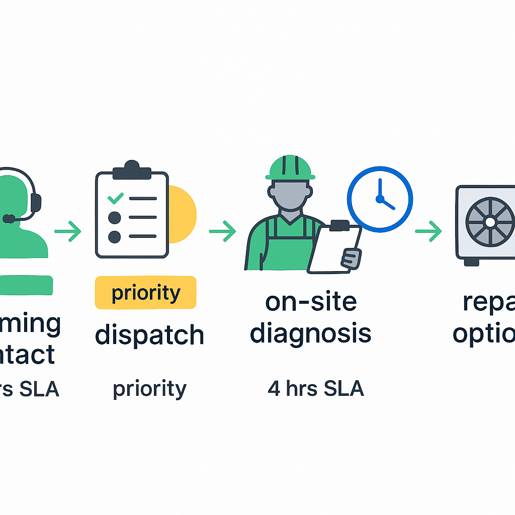 Process flow showing emergency contact, triage, dispatch, diagnosis, repair options, and follow-up steps