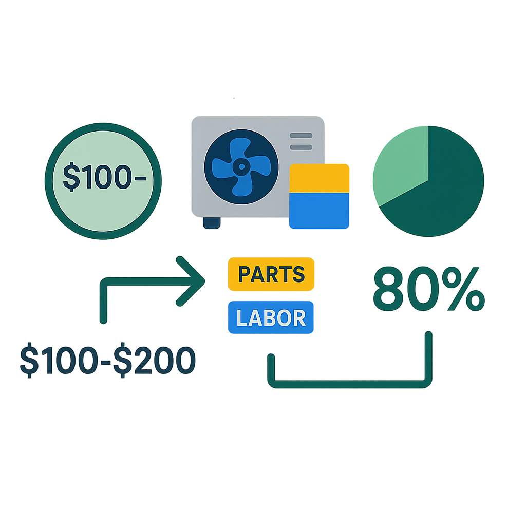 Icon-based infographic of HVAC repair costs showing diagnostic fees, parts vs labor, and same-day fix percentages