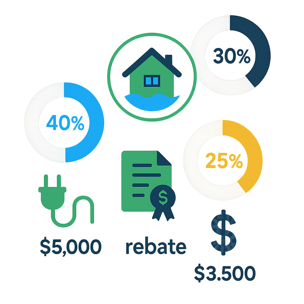 Icon-based infographic showing rebate pathways, percentages, and estimated savings