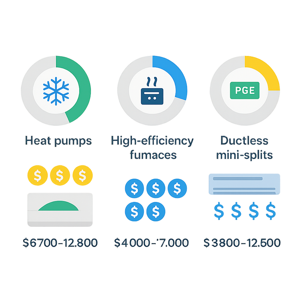 Icon-driven infographic comparing heat pump, furnace, and mini-split savings in Brentwood homes