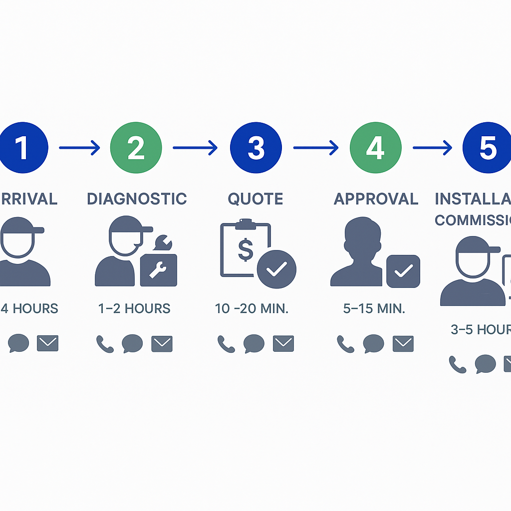 Horizontal five-step flow from arrival to installation and commissioning