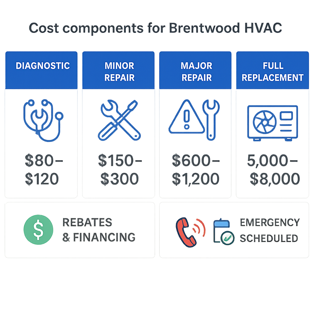 Icon infographic of four HVAC cost categories with booking actions