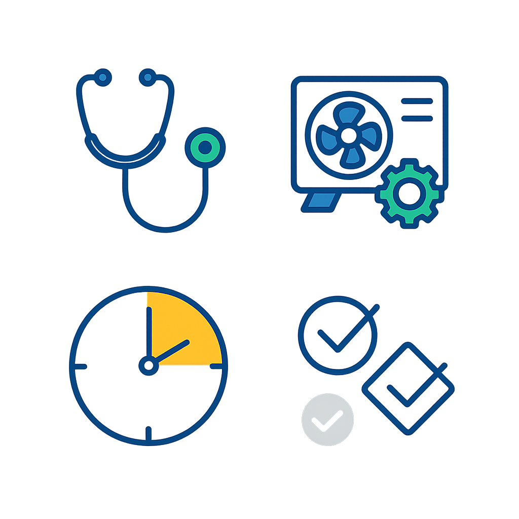 Icon-based infographic showing diagnostic fee ranges, part+labor examples, and same-day response indicators