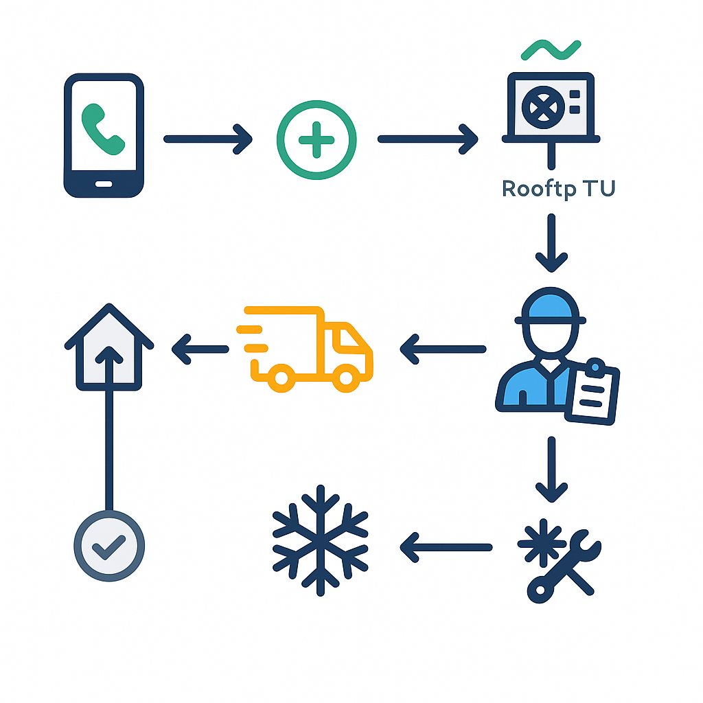 Icon-based process flow showing call/SMS booking, triage, dispatch, on-site estimate, repair, and follow-up