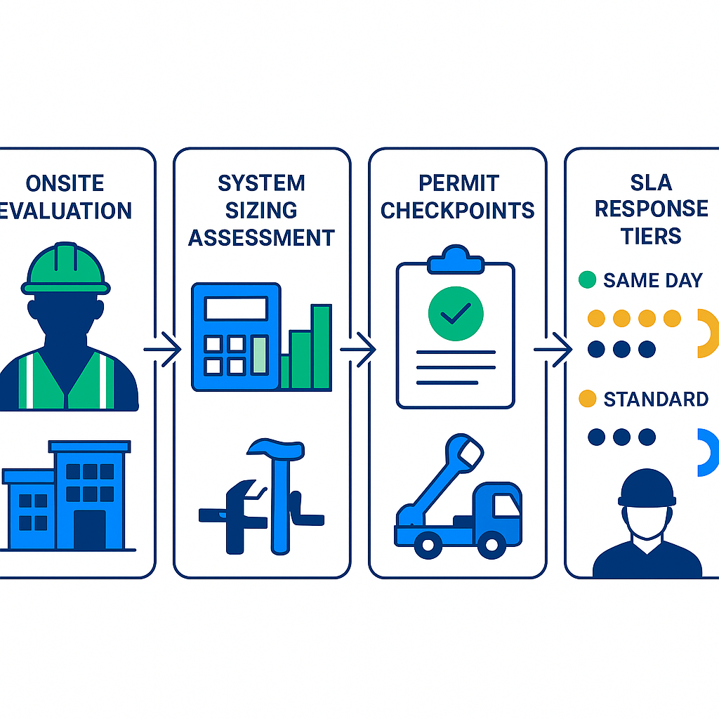 Process flow diagram showing onsite evaluation, permits, installation, and SLA response tiers