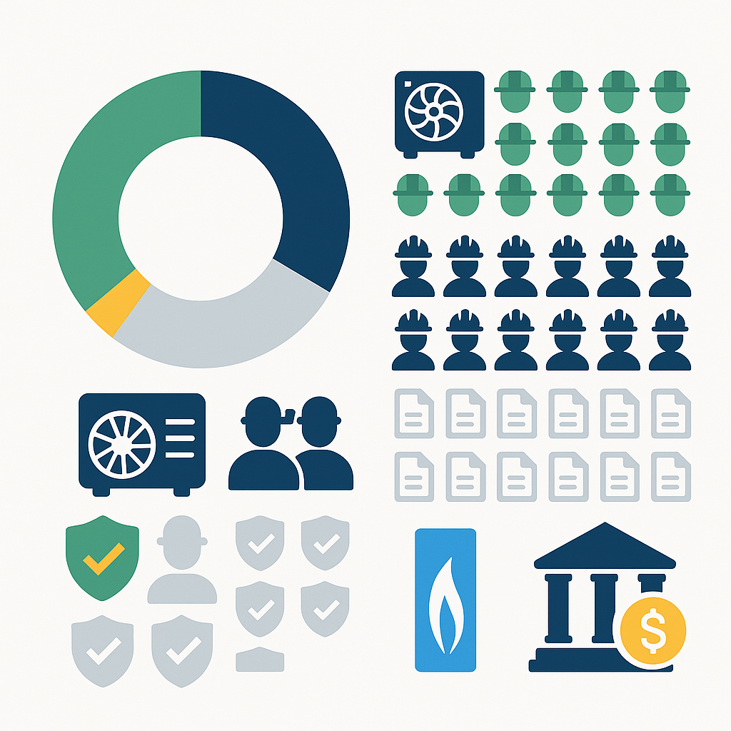 Icon-based infographic of HVAC installation cost breakdown and LA County rebate indicators