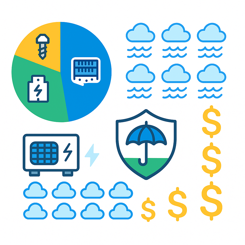 Icon-based infographic showing coastal AC failure types and relative cost ranges