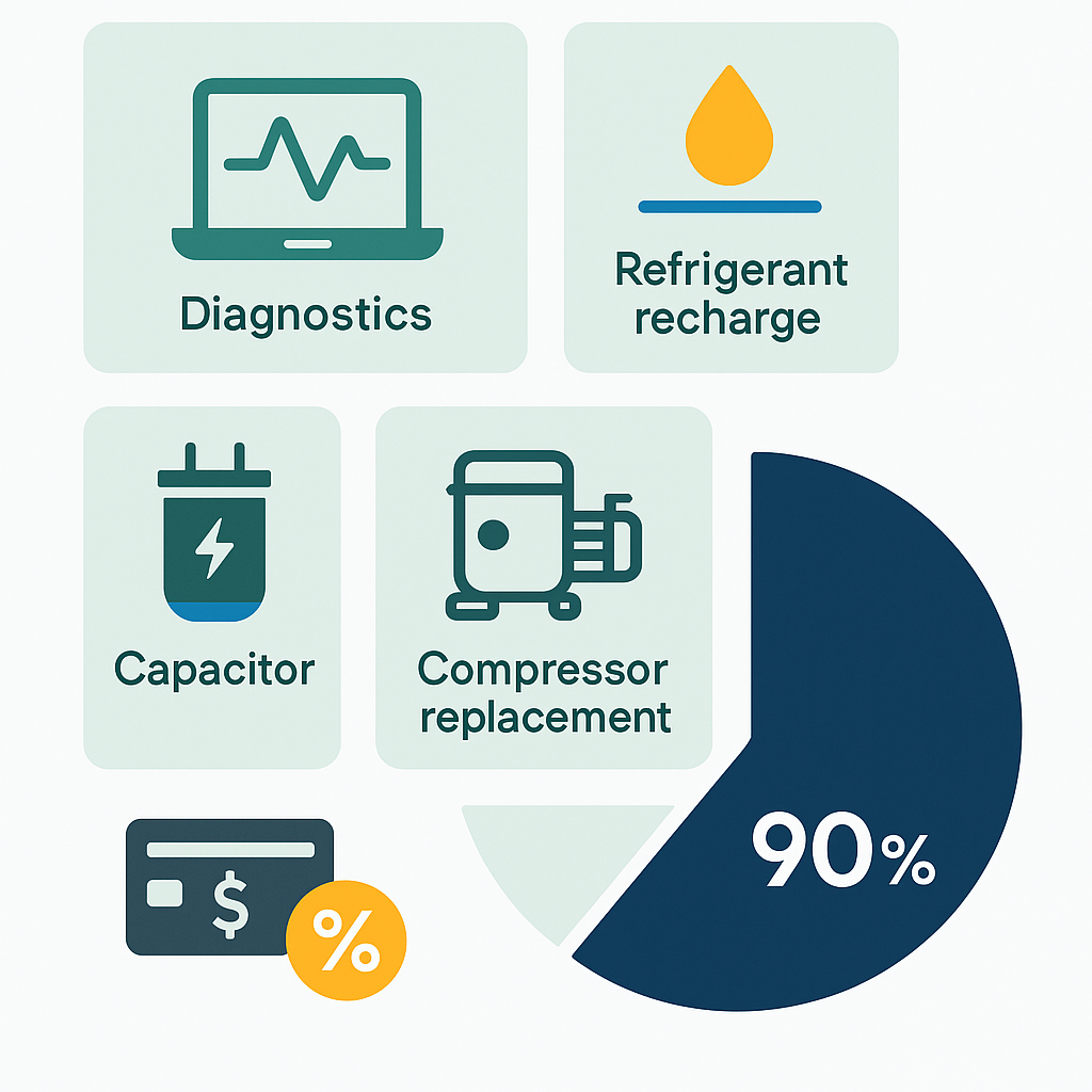 Icon-driven infographic showing AC repair cost categories and proportional visuals