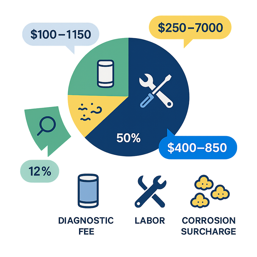 Icon array and donut visuals for HVAC diagnostic, parts, labor, and corrosion surcharge proportions