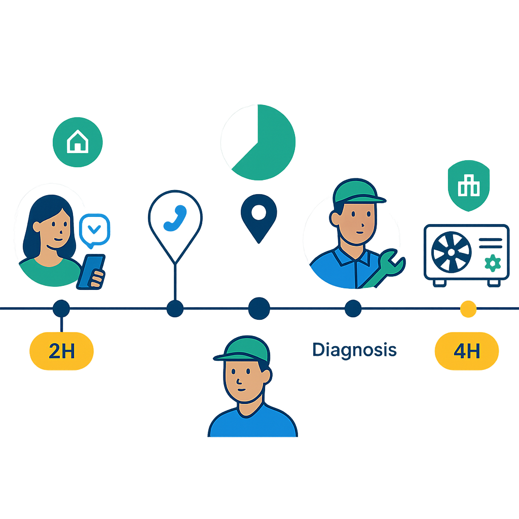 Horizontal process flow showing HVAC emergency dispatch, arrival, diagnosis, and repair stages