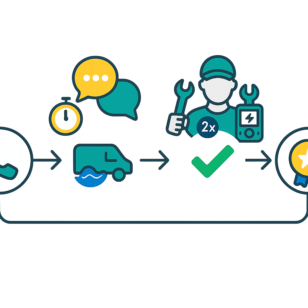 Sequential icon-based diagram of emergency HVAC booking workflow and SLA emphasis