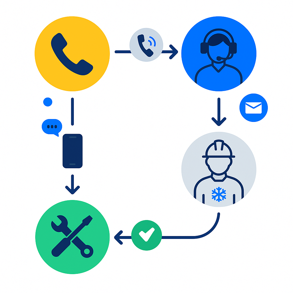 Sequential process flow diagram for HVAC emergency response and dispatch