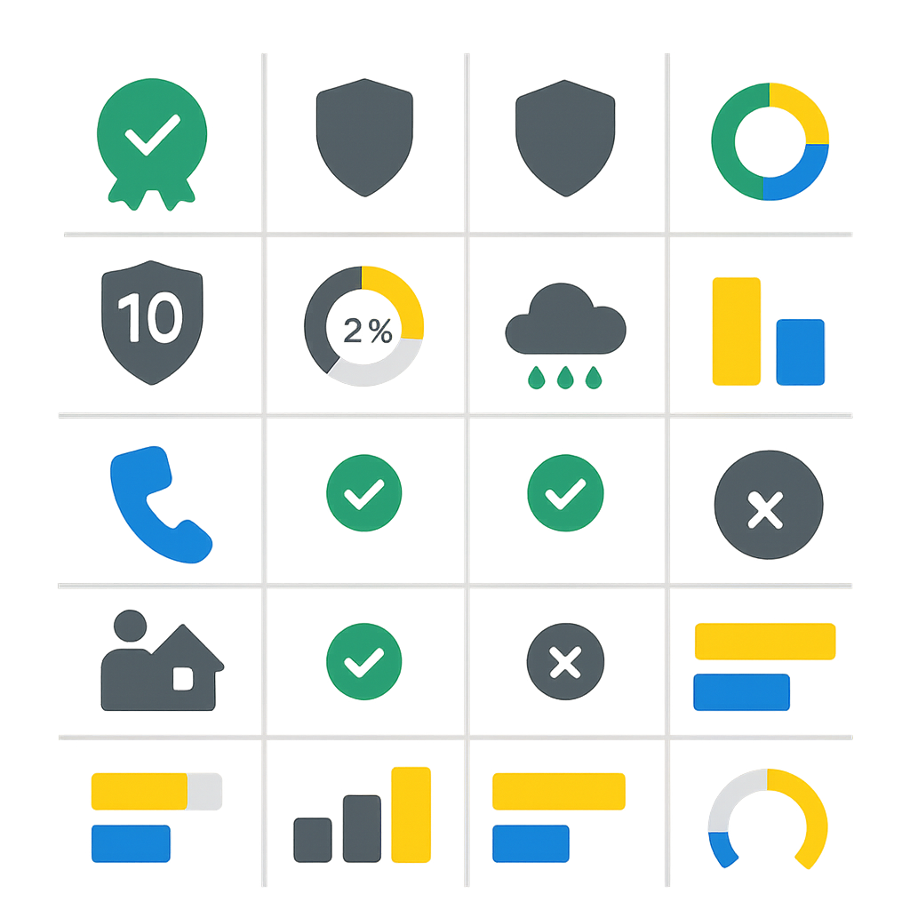 Comparison matrix illustrating contractor criteria: licensing, warranties, corrosion options, response, costs