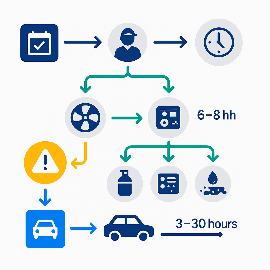 Process flow showing booking, diagnostic, and repair timelines with emergency pathway