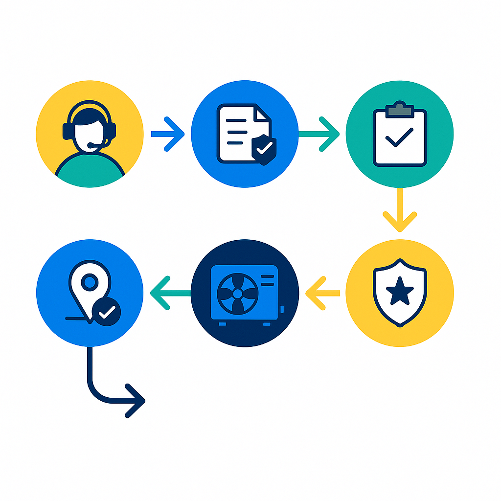 Step-by-step vector process flow showing HVAC contact, permitting, installation, inspection, and warranty
