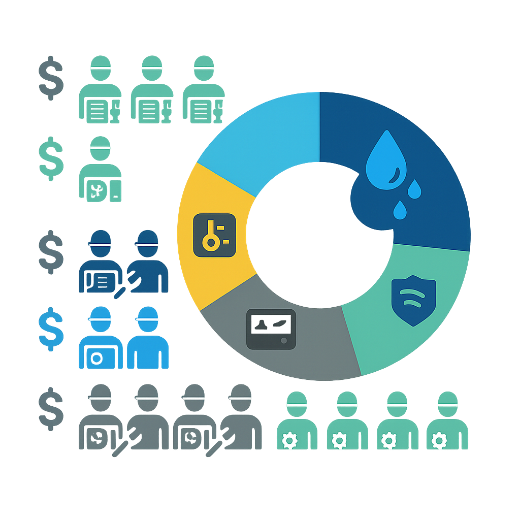 Icon-based infographic showing cost ranges and fault share proportions for Malibu AC repairs