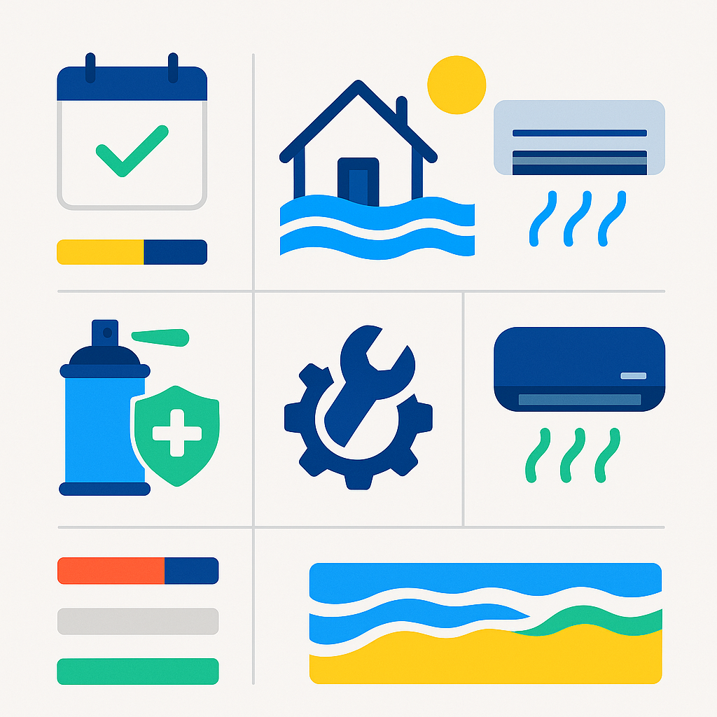 Icon infographic for coastal HVAC maintenance schedules and corrosion mitigation