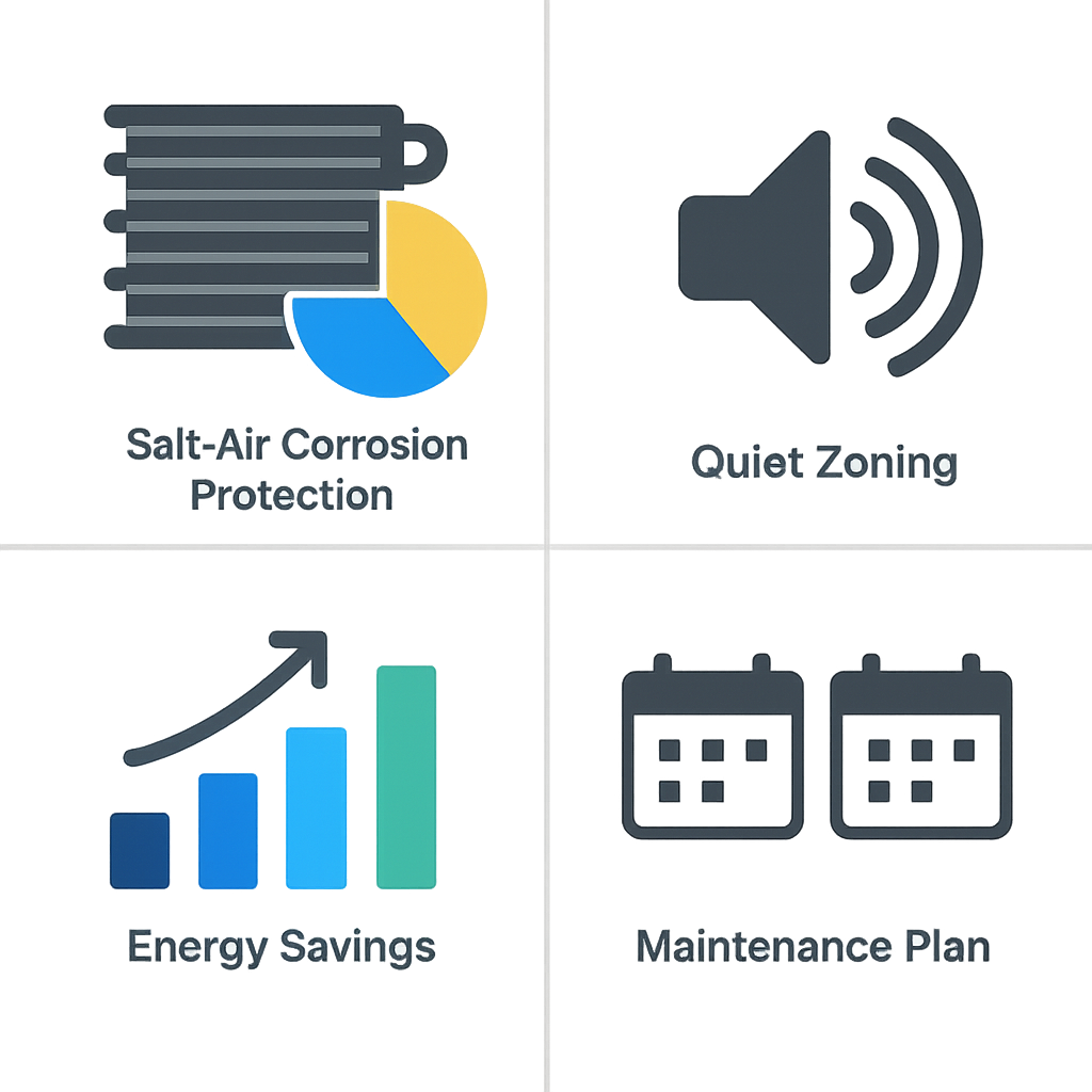 Icon-based infographic showing four coastal HVAC benefits with visual data cues