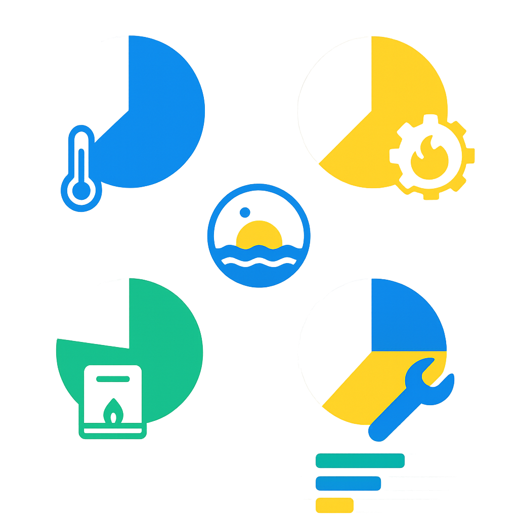 Icon-based infographic showing percentage breakdown of common furnace repairs and coastal corrosion effects in Malibu
