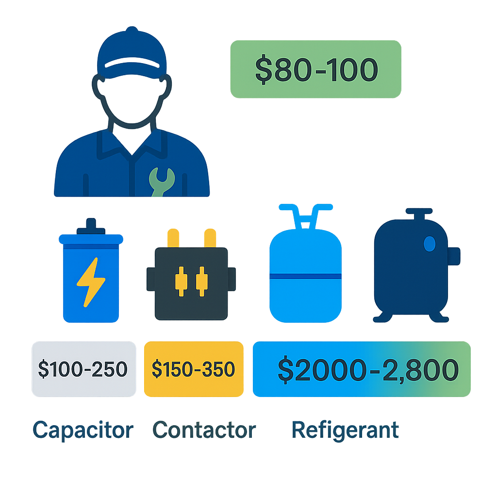 Icon-based infographic of AC diagnostic fees and common repair cost breakdowns