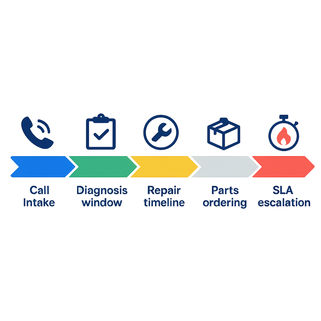 Process flow diagram showing call intake, diagnosis, parts ordering, and SLA escalation for emergency furnace repairs
