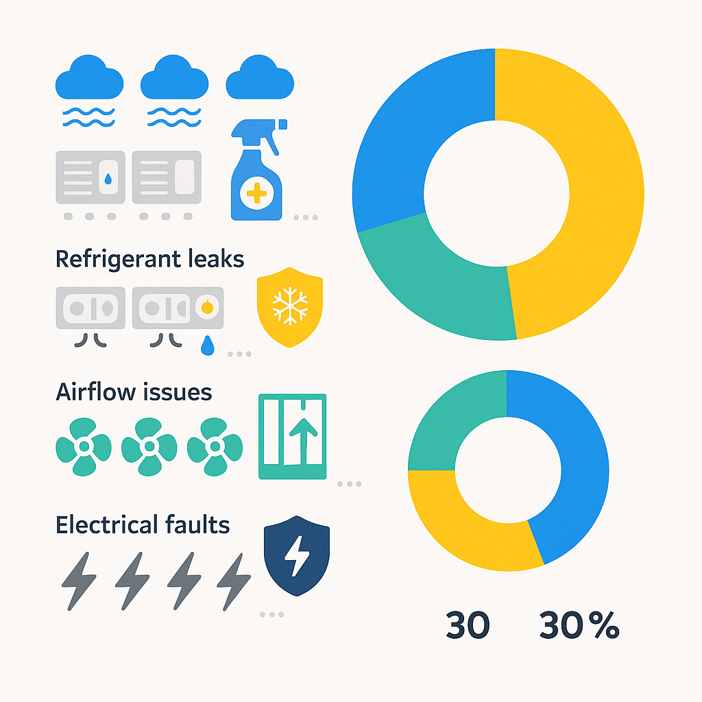 Icon-based infographic showing proportional causes of AC failures for coastal Malibu homes