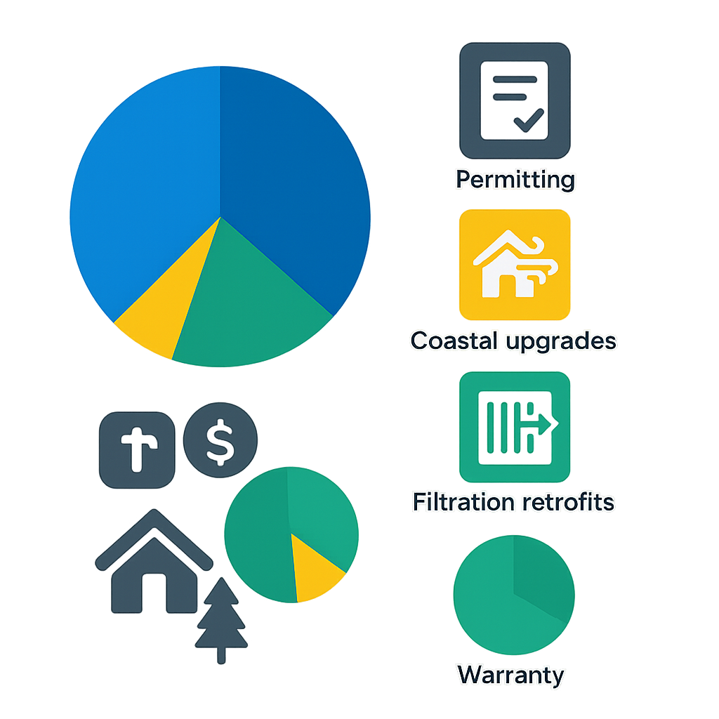 Icon-based infographic showing installation cost drivers and proportional cost breakdowns