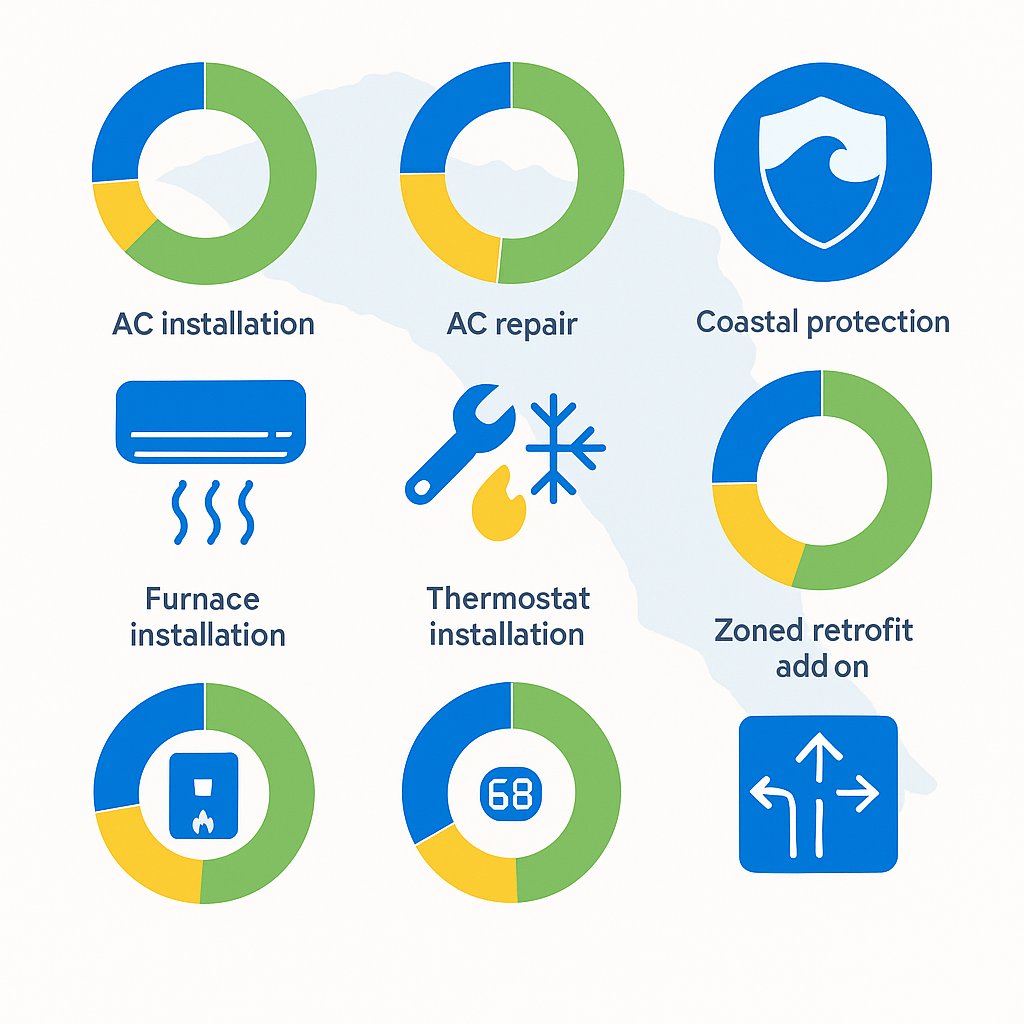 Icon-based infographic with donut charts for Malibu HVAC service costs and coastal protection icons