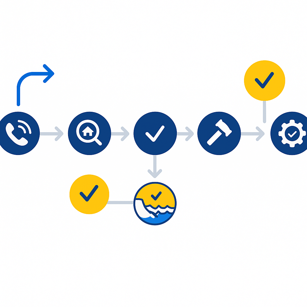 Process flow diagram mapping HVAC booking, on-site evaluation, installation, and follow-up maintenance