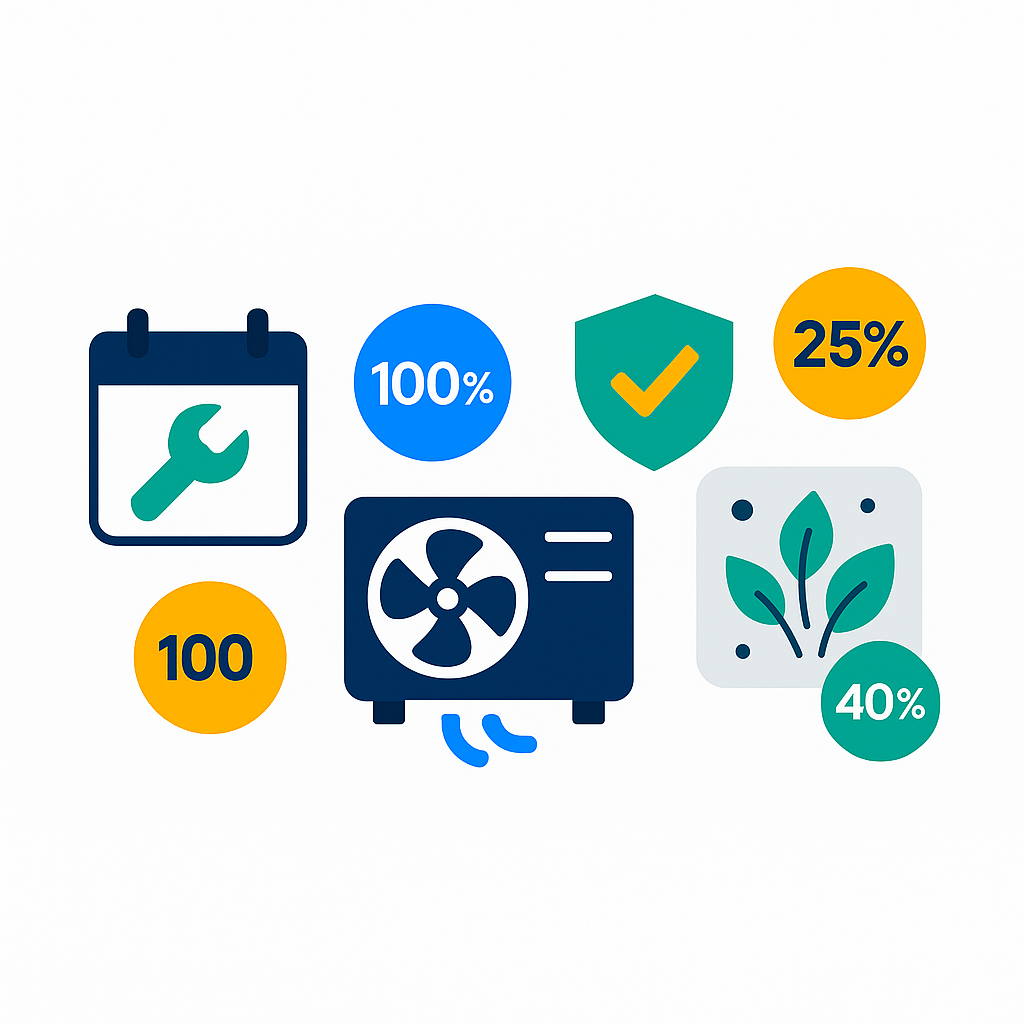 Icon-based infographic showing HVAC maintenance intervals and indoor air quality benefits