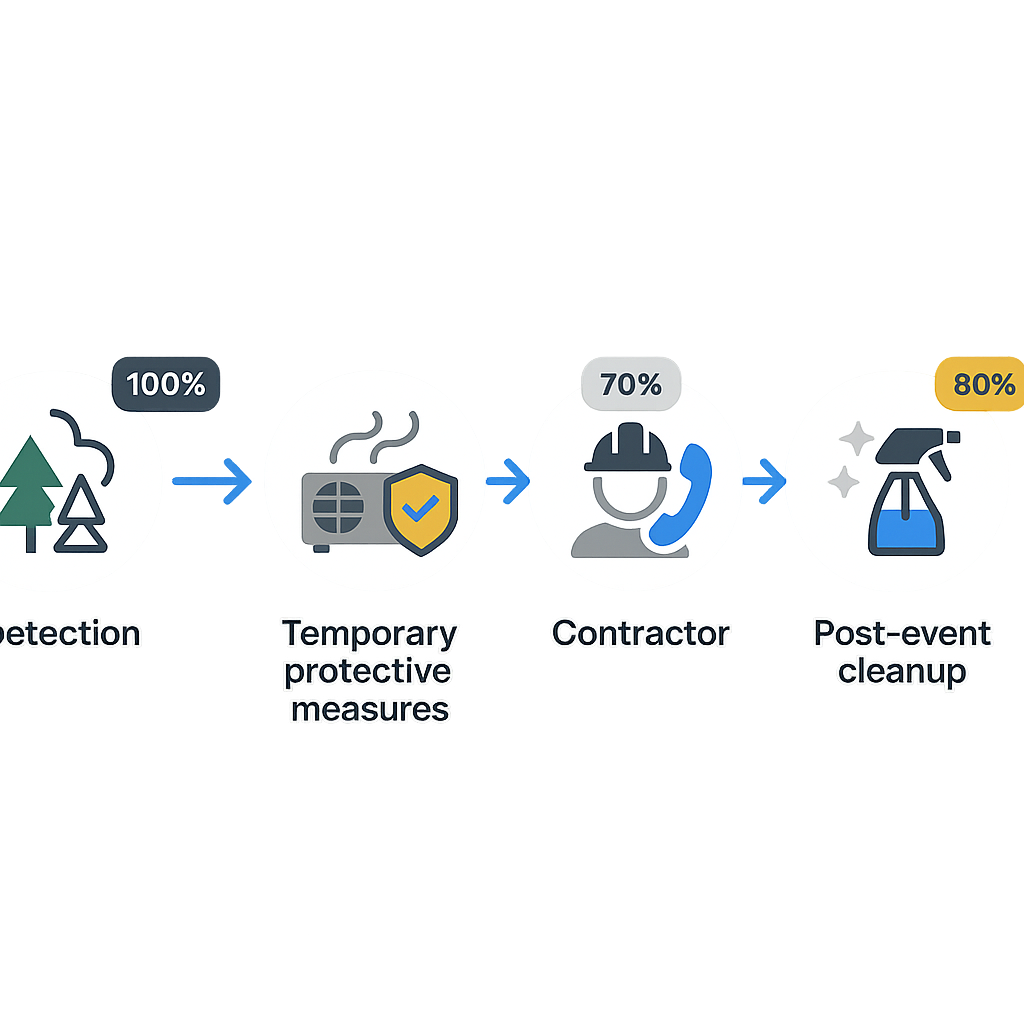 Stepwise process-flow icons for HVAC emergency response during wildfire smoke events