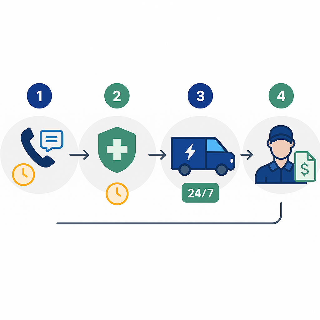 Icon-based process flow of 24/7 emergency HVAC dispatch steps and triage sourced from company contact page