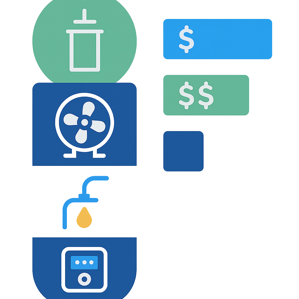 Icon infographic of common AC faults with visual cost bands and financing icons