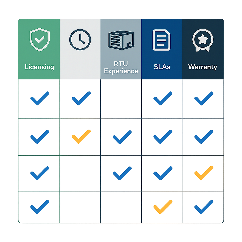 Grid-style contractor comparison matrix using icons and color coding
