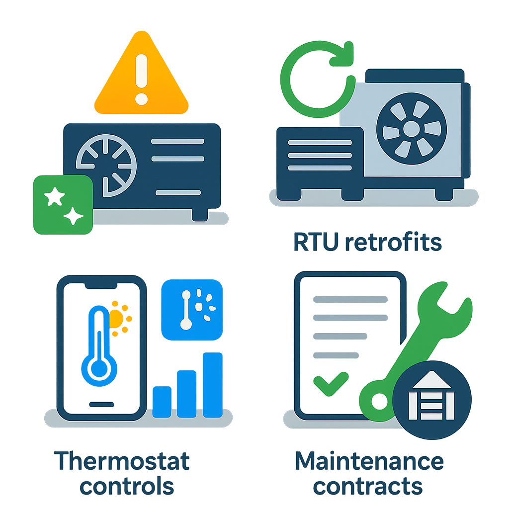 Icon grid showing commercial HVAC service categories for West Hollywood clients